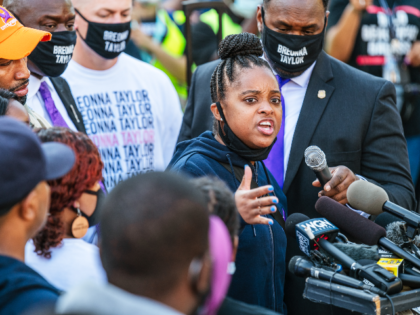 Civil rights activist Tamika Mallory (C) of Until Freedom speaks during a press conference at Jefferson Square Park on September 25, 2020 in Louisville, Kentucky. The press conference addressed Kentucky Attorney General Daniel Cameron's handling of the Breonna Taylor case and the grand jury verdict indicting one of three officers …