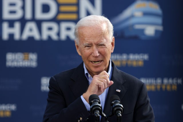 CLEVELAND, OHIO - SEPTEMBER 30: Democratic presidential nominee Joe Biden speaks before the launch of a train campaign tour at Cleveland Amtrak Station September 30, 2020 in Cleveland, Ohio. Biden was kicking off a day-long rail trip across Ohio and Pennsylvania following last night's debate with President Donald Trump. (Photo …