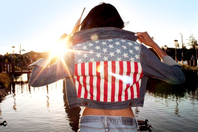 American Flag jean jacket. Collar popped as confidence rises.