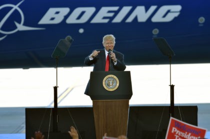 US President Donald Trump speaks at the Boeing plant in North Charleston, South Carolina, on February 17, 2017. / AFP / Nicholas Kamm (Photo credit should read NICHOLAS KAMM/AFP via Getty Images)