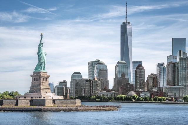 The Statue of Liberty with One World Trade Center background, Landmarks of New York City,