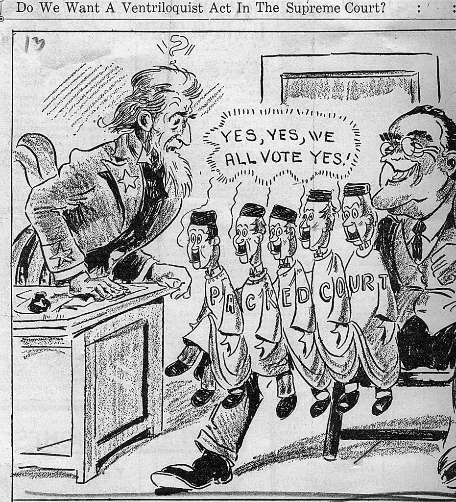 Political cartoon with the caption 'Do We Want A Ventriloquist Act In The Supreme Court?' The cartoon, a criticism of FDR's New Deal, depicts President Franklin D. Roosevelt with six new judges likely to be FDR puppets. USA, 14 February 1937. (Photo by Fotosearch/Getty Images).