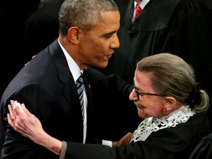 President Barack Obama greets Supreme Court Justice Ruth Bader Ginsburg on Capitol Hill in Washington, Tuesday, Jan. 12, 2016, before giving his State of the Union address before a joint session of Congress. (AP Photo/J. Scott Applewhite)