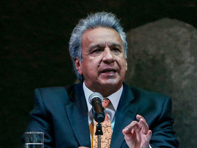 Ecuador's President Lenin Moreno speaks during the signing ceremony of the Chapultepec Declaration, a decalogue of principles on freedom of expression and press, in Quito on February 20, 2019. - The Declaration is based on the essential precept that no law or act of government may limit freedom of expression …