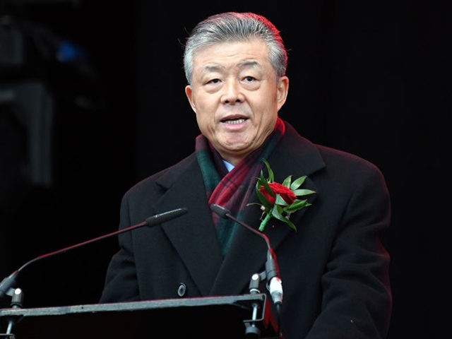 Chinese Ambassador to the UK, Liu Xiaoming addresses the crowds in Trafalgar Square during celebrations for the Chinese Lunar New Year in central London on January 26, 2020. - The Chinese Lunar New Year on January 25 ushered in the beginning of the Year of the Rat and the beginning …