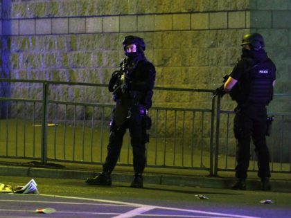 Police deploy at scene of explosion in Manchester, England, on May 23, 2017 at a concert.