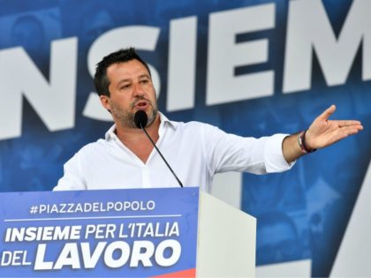 Head of the League party Matteo Salvini delivers a speech during a united rally with Broth