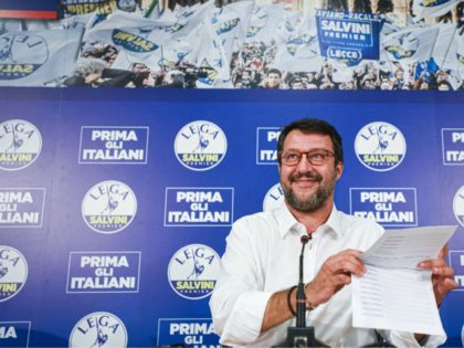 Head of the Lega party, Italian senator Matteo Salvini addresses a press conference at the Lega headquarters in Milan, Italy, on September 21, 2020 within a nationwide referendum vote on cutting parliament numbers, and regional elections held at the same time. (Photo by Piero CRUCIATTI / AFP) (Photo by PIERO …