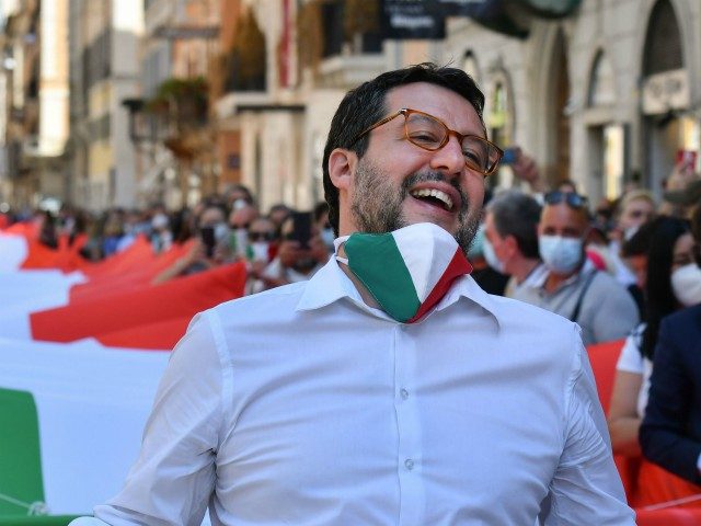 Head of the League party Matteo Salvini attends a rally of his party united with the Broth