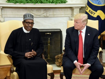 US President Donald Trump (R) meets with Nigerian President Muhammadu Buhari in the Oval O