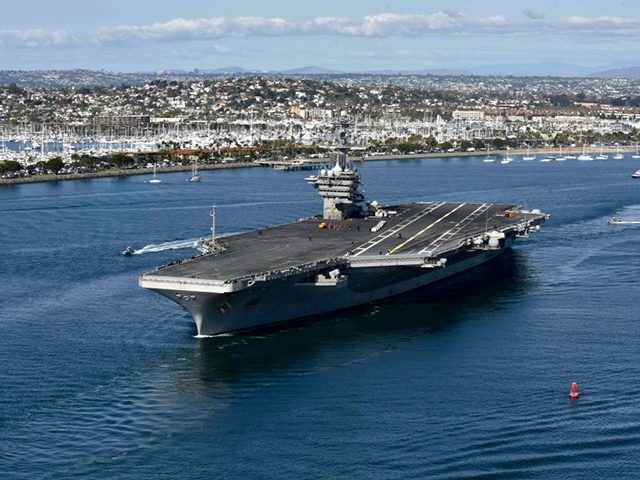 SAN DIEGO, CA - JANUARY 17: In this handout released by the U.S. Navy, The aircraft carrier USS Theodore Roosevelt (CVN 71) leaves its San Diego homeport Jan. 17, 2020. The Theodore Roosevelt Carrier Strike Group is on a scheduled deployment to the Indo-Pacific.(Photo by U.S. Navy via Getty Images)