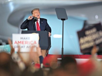 FREELAND, MICHIGAN - SEPTEMBER 10: President Donald Trump speaks to supporters at a rally on September 10, 2020 in Freeland, Michigan. Recent polls have former Vice President Joe Biden, who visited the battleground state yesterday, with a slight lead in the state. (Photo by Scott Olson/Getty Images)