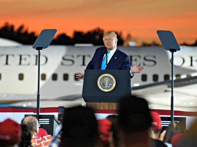 LATROBE, PA - SEPTEMBER 03: President Donald Trump speaks to supporters at a campaign rally at Arnold Palmer Regional Airport on September 3, 2020 in Latrobe, Pennsylvania. Trump won Pennsylvania in the 2016 election by a narrow margin. (Photo by Jeff Swensen/Getty Images)