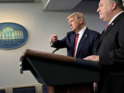 WASHINGTON, DC - MARCH 20: U.S. President Donald Trump directs questions to Secretary of State Mike Pompeo during a news briefing on the latest development of the coronavirus outbreak in the U.S. at the James Brady Press Briefing Room at the White House March 20, 2020 in Washington, DC. With …