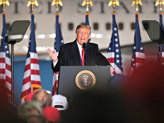 MOSINEE, WISCONSIN - SEPTEMBER 17: US President Donald Trump speaks to supporters during a rally at Central Wisconsin Airport on September 17, 2020 in Mosinee, Wisconsin. According to recent polls, former Vice President Joe Biden has a slight lead over Trump in the state. Trump is expected to campaign in …