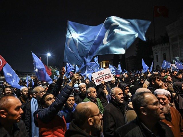 Supporters of China's Muslim Uighur minority wave flags of East Turkestan on December 20, 2019 during a demostration at Fatih in Istanbul. - More than 1,000 protesters marched on December 20, 2019, in Istanbul to protest against China over its treatment of mainly Muslim Uighurs in Xinjiang, an AFP correspondent …