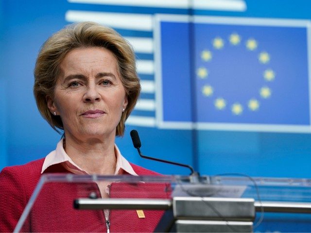 President of the European Commission Ursula von der Leyen addresses the press ending the second day special European Council summit in Brussels on February 21, 2020. - Time was called on the summit after two days and a night of talks that failed to narrow stubborn differences between a handful …