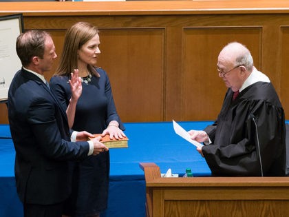 Judge Amy Coney Barrett being sworn in. (Photo Courtesy of the University of Notre Dame)