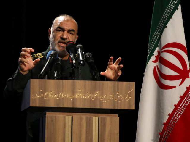 Chief of Iran's Revolutionary Guard Gen. Hossein Salami speaks in a ceremony displaying pi