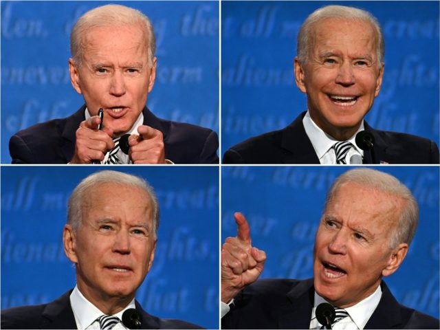OPSHOT - (COMBO) This combination of pictures created on September 29, 2020 shows Democratic Presidential candidate and former US Vice President Joe Biden during the first presidential debate opposite US President Donald Trump at the Case Western Reserve University and Cleveland Clinic in Cleveland, Ohio on September 29, 2020. (Photos …