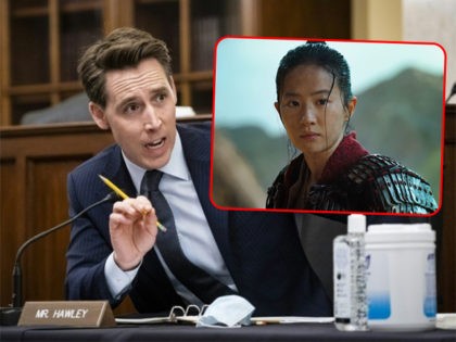 (INSET: Still image from Disney's "Mulan" (2020)) Senator Josh Hawley, a Missouri Republican, proposes legislation opening the door to easier legal action against internet platforms for "selectively" taking down content