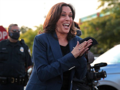 MILWAUKEE, WISCONSIN - SEPTEMBER 07: Democratic Vice Presidential Nominee Sen. Kamala Harris (D-CA) greets supporters gathered outside following a roundtable event with Black business owners on September 7, 2020 in Milwaukee, Wisconsin. Earlier in the day, Harris toured an International Brotherhood of Electrical Workers (IBEW) training facility and met with …