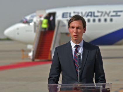 US Presidential Adviser Jared Kushner speaks in front of an air-plane of El Al at the Abu Dhabi airport, following the arrival of the the first-ever commercial flight from Israel to the UAE, on August 31, 2020. - A US-Israeli delegation including White House advisor Jared Kushner took off on …