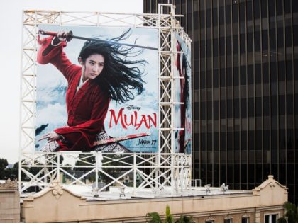 HOLLYWOOD, CALIFORNIA - MARCH 13: An outdoor ad for Disney's "Mulan" is seen on March 13,