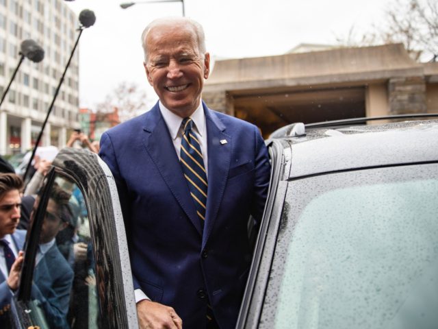 WASHINGTON, DC - APRIL 05: Former Vice President Joe Biden waves to supporters at the International Brotherhood of Electrical Workers Construction and Maintenance conference on April 05, 2019 in Washington, DC. Former Vice President Joe Biden on Friday called President Donald Trump a "tragedy in two acts" for the way …