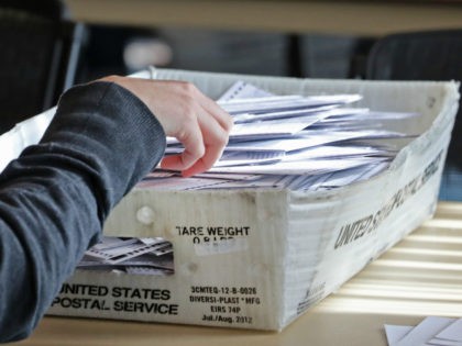 A Utah County election worker collect actual mail-in ballots after they were opened for th