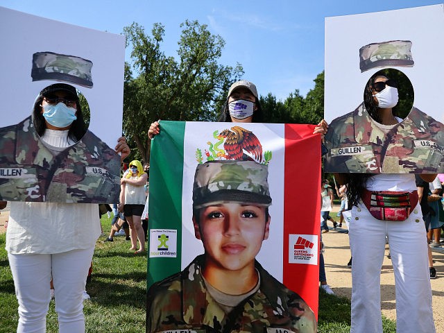WASHINGTON, DC - JULY 30: Family, friends and supporters of murdered U.S. Army Private First Class Vanessa Guillen rally on the National Mall to call for justice and for Congress to investigate her death July 30, 2020 in Washington, DC. Guillen went missing from her post at Fort Hood, Texas, …