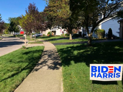 A Biden for President sign in a lawn of suburban Dublin, Ohio, on Friday, Sept. 18, 2020. In the campaign for House control, some districts are seeing a fight between Democrats saying they'll protect voters from Republicans willing to take their health coverage away, while GOP candidates are raising specters …