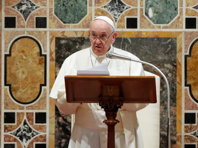 Pope Francis addresses diplomats during an audience for the traditional exchange of New Year greetings, in the Sala Regia hall at the Vatican on January 9, 2020. (Photo by REMO CASILLI / POOL / AFP) (Photo by REMO CASILLI/POOL/AFP via Getty Images)