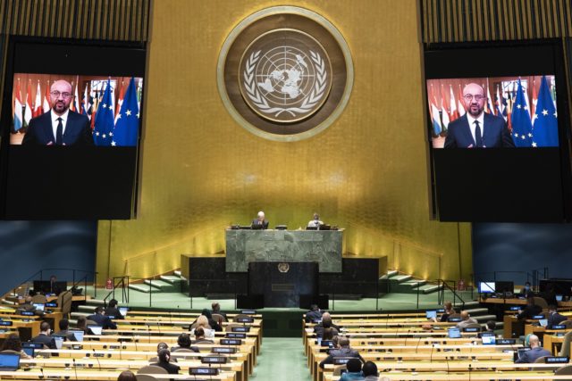 In this photo provided by the United Nations, European Council President Charles Michel speaks in a pre-recorded message which was played during the 75th session of the United Nations General Assembly, Friday, Sept. 25, 2020. (Evan Schneider/UN Photo via AP)