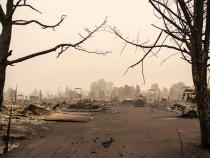 TALENT, OR - SEPTEMBER 13: A neighborhood destroyed by wildfire is seen on September 13, 2020 in Talent, Oregon. Hundreds of homes in Talent and nearby towns have been lost due to wildfire. (Photo by David Ryder/Getty Images)