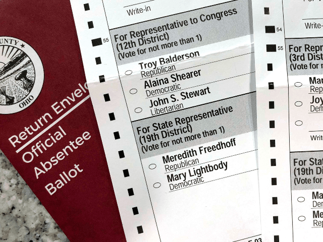 This photo made on Oct. 6, 2020, in Westerville, Ohio, shows Ohio absentee ballots. Two voters registered at the same address in the Columbus suburb of Westerville, Ohio, were mailed these differing absentee ballots for the 2020 general election, with one of the ballots listing candidates from a different congressional …