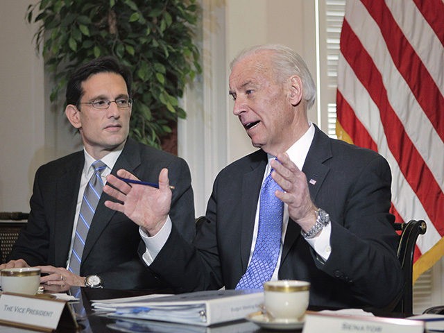House Majority Leader Eric Cantor of Va. look on at left as Vice President Joe Biden meets with congressional Republicans and Democrats in hopes of striking a deal on deficit reduction, Thursday, May 5, 2011, at Blair House in Washington. (AP Photo/J. Scott Applewhite)