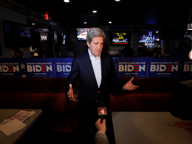 Former Secretary of State John Kerry speaks to supporters at a debate watch party as he campaigns for Democratic presidential candidate former Vice President Joe Biden, in Columbia, S.C., Wednesday, Feb. 19, 2020. (AP Photo/Gerald Herbert)