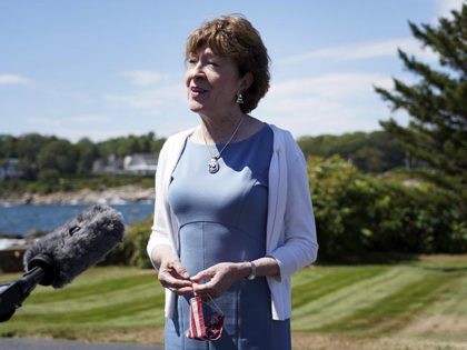 Sen. Susan Collins, R-Maine speaks after having lunch with former President George W. Bush and Laura Bush, Friday, Aug. 21, 2020, in Kennebunkport, Maine. (AP Photo/Mary Schwalm)