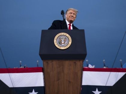 President Donald Trump speaks during a campaign rally at Fayetteville Regional Airport, Sa