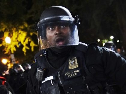 A Portland police officer pushes back protesters, Saturday, Sept. 26, 2020, in Portland. The protests, which began over the killing of George Floyd, often result frequent clashes between protesters and law enforcement. (AP Photo/John Locher)