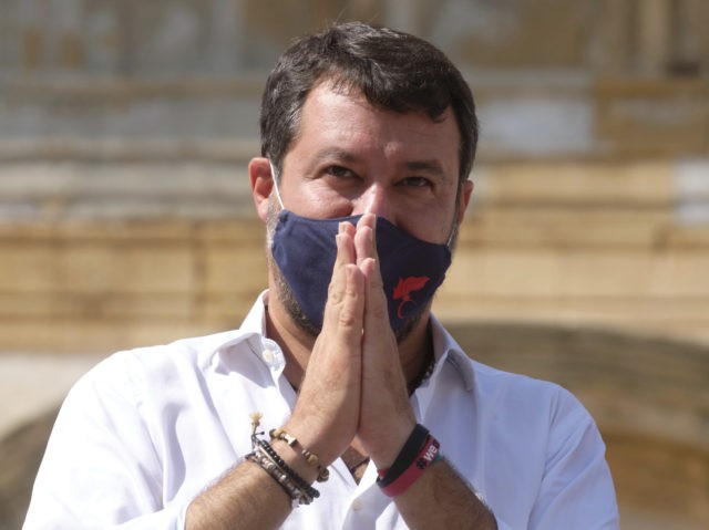 Former Interior Minister and Leader of League Party Matteo Salvini attends a party rally i