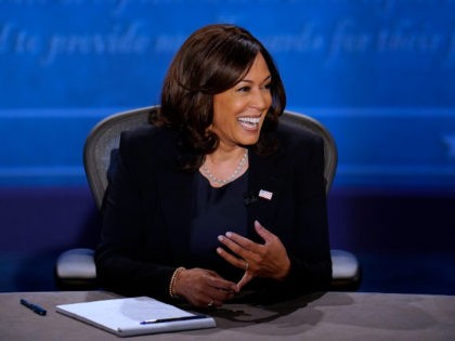 Democratic vice presidential candidate Sen. Kamala Harris, D-Calif., makes a point to Vice President Mike Pence during the vice presidential debate Wednesday, Oct. 7, 2020, at Kingsbury Hall on the campus of the University of Utah in Salt Lake City. (AP Photo/Julio Cortez)