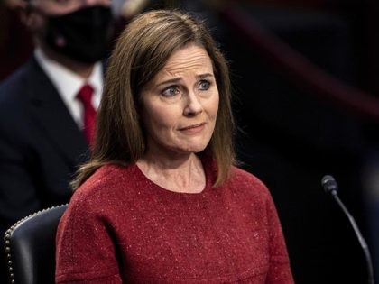 Supreme Court nominee Amy Coney Barrett listens during a confirmation hearing before the Senate Judiciary Committee, Tuesday, Oct. 13, 2020, on Capitol Hill in Washington. (Erin Schaff/The New York Times via AP, Pool)