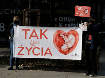 Anti-abortion activists attend a protest in front of Poland's constitutional court, in War