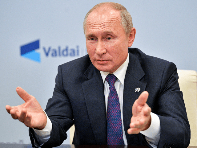 Russian President Vladimir Putin gestures while speaking at the annual meeting of the Valdai Discussion Club via video conference at the Novo-Ogaryovo residence outside Moscow, Russia, Thursday, Oct. 22, 2020. Putin has rejected the accusations of the Kremlin's involvement in the poisoning of opposition leader Alexei Navalny, saying that he …