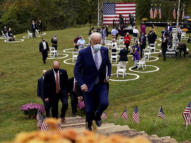 Democratic presidential candidate former Vice President Joe Biden leaves after speaking at Mountain Top Inn & Resort, Tuesday, Oct. 27, 2020, in Warm Springs, Ga. (AP Photo/Andrew Harnik)