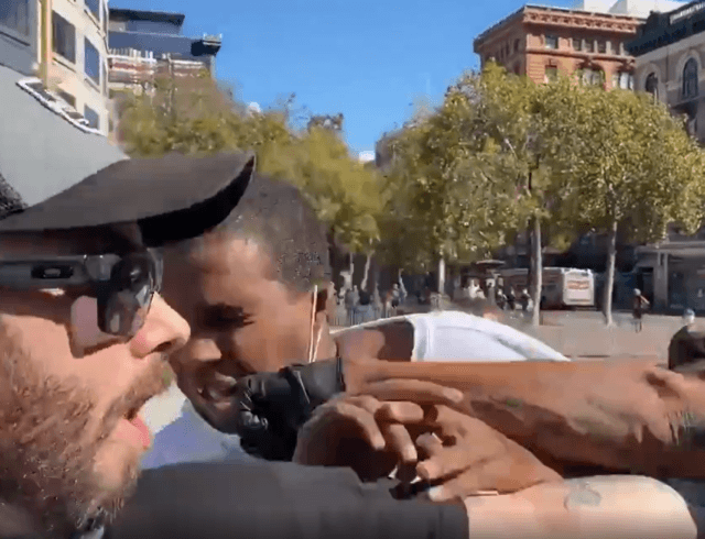 An Antifa protesters knocks out the front teeth of Philip Anderson, event organizer for the San Francisco Free Speech Rally and Protest at Twitter HQ. (Twitter Video Screenshot/Denis Ivan Perez)
