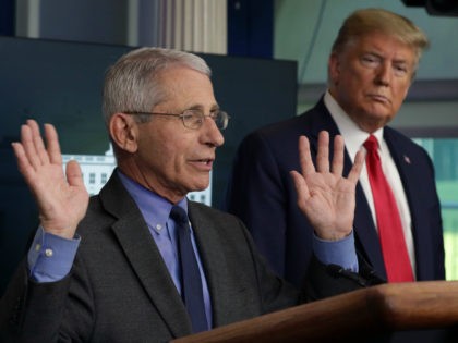 Dr. Anthony Fauci, director of the National Institute of Allergy and Infectious Diseases speaks as President Donald Trump listens during the daily briefing of the White House Coronavirus Task Force at the James Brady Press Briefing Room of the White House April 13, 2020 in Washington, DC. On Monday President …