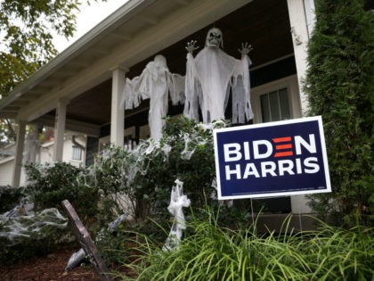 Campaign signs for democratic presidential nominee Joe Biden are posted in front of a home next to Halloween decorations on October 19, 2020 in Nashville, Tennessee. Nashville is preparing for the Presidential debate at Belmont University on Thursday evening. The debate is the final debate before the November 3rd election. …